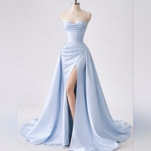 Strapless Light Blue Satin Evening Gown